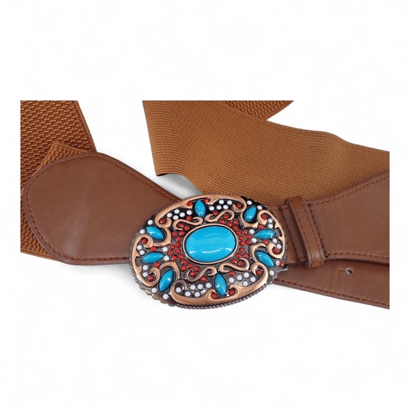 Southwestern Style Turquoise Blue Coral Red Copper Belt Buckle Brown Stretch XL - Picture 3 of 15